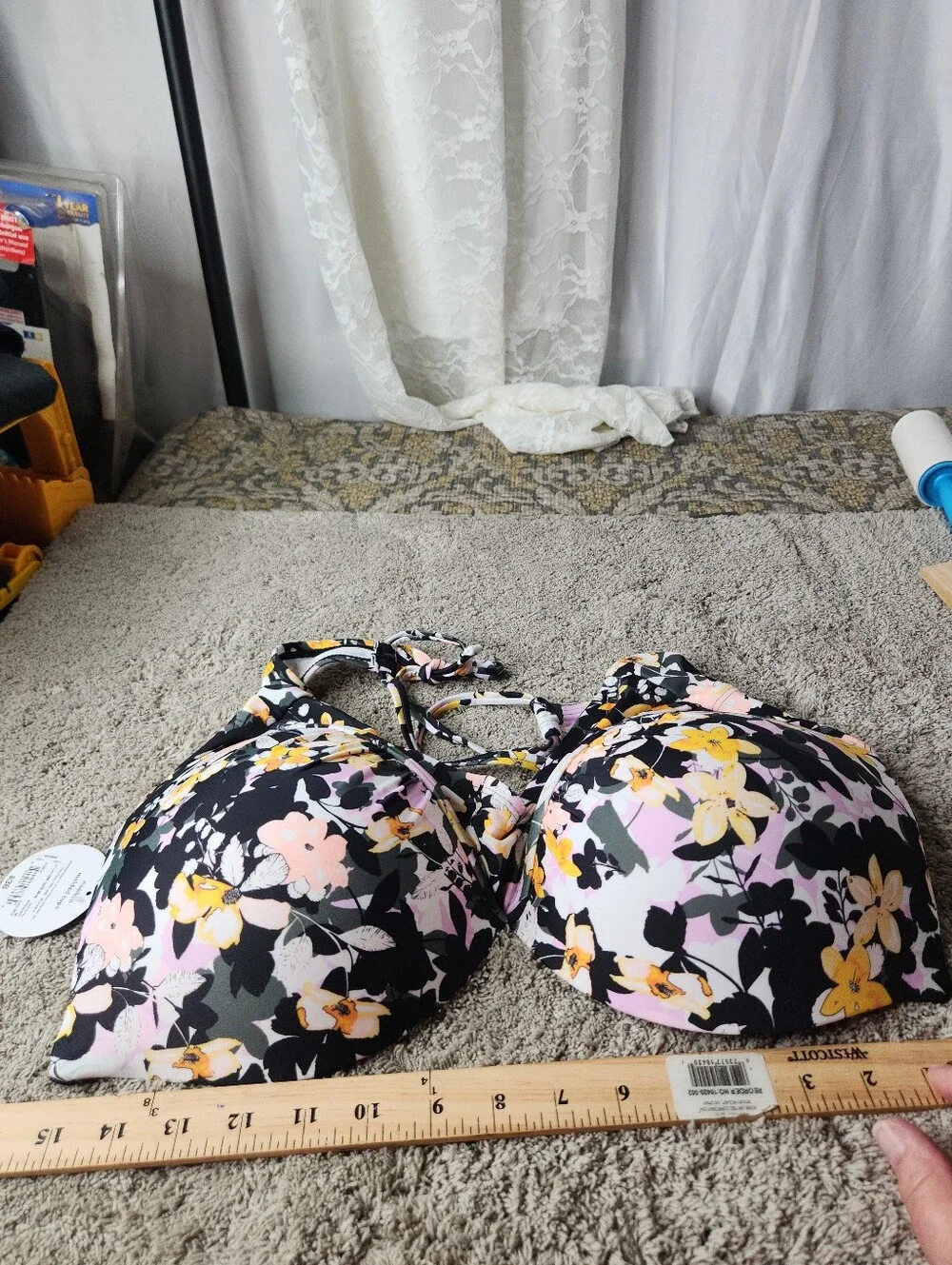 Floral V-Neck Crop Swim Top in Black and Yellow - Women Tops - Decree - 0X